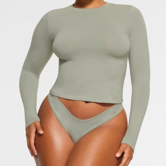 (0175) NWT SKIMS LONG SLEEVE T-SHIRT Cotton Jersey in MINERAL SZ L - Picture 1 of 5